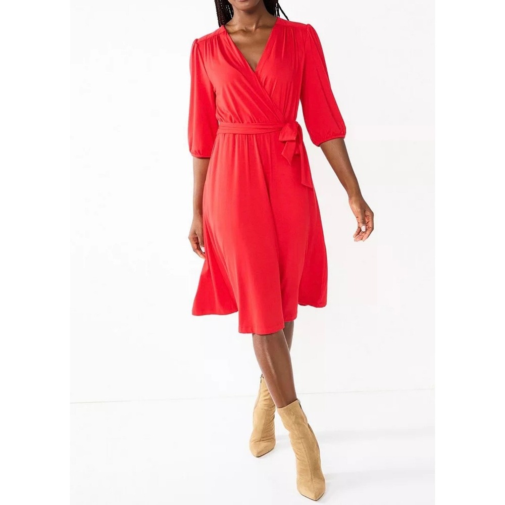 Draper James RSVP Red V-Neck Stretch Knit Faux-Wrap Dress, Large, Valentines Day